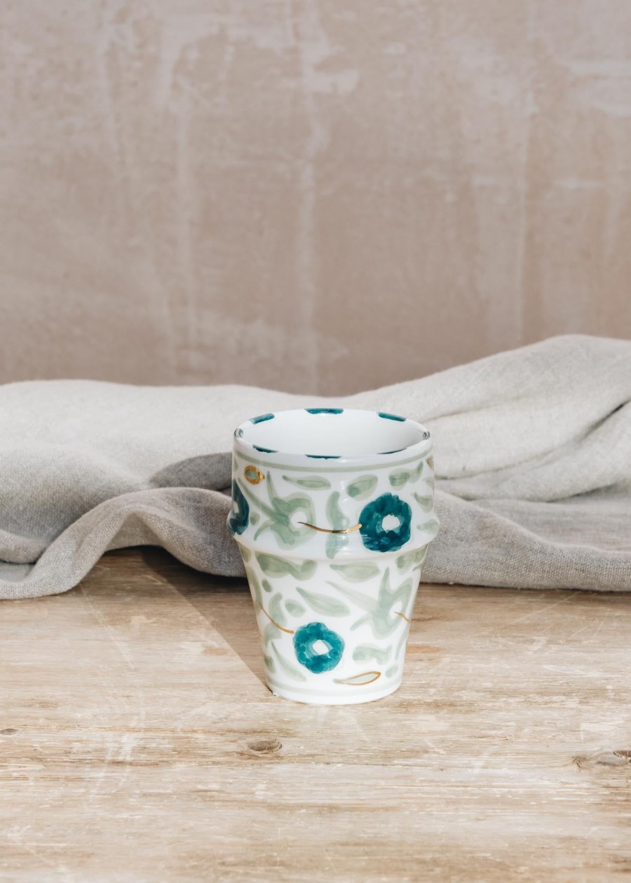 Interiors Chabi Chic Dining | Small Beldi Flower Almond Green And Dark Green Ceramic Cup Mm