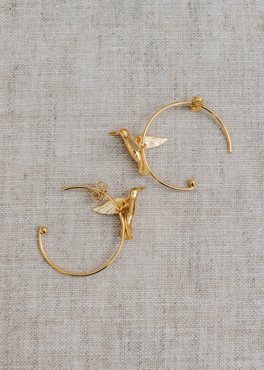 Clothing Alex Monroe Jewellery | Alex Monroe Gold Plate Hummingbird Hoop Earrings