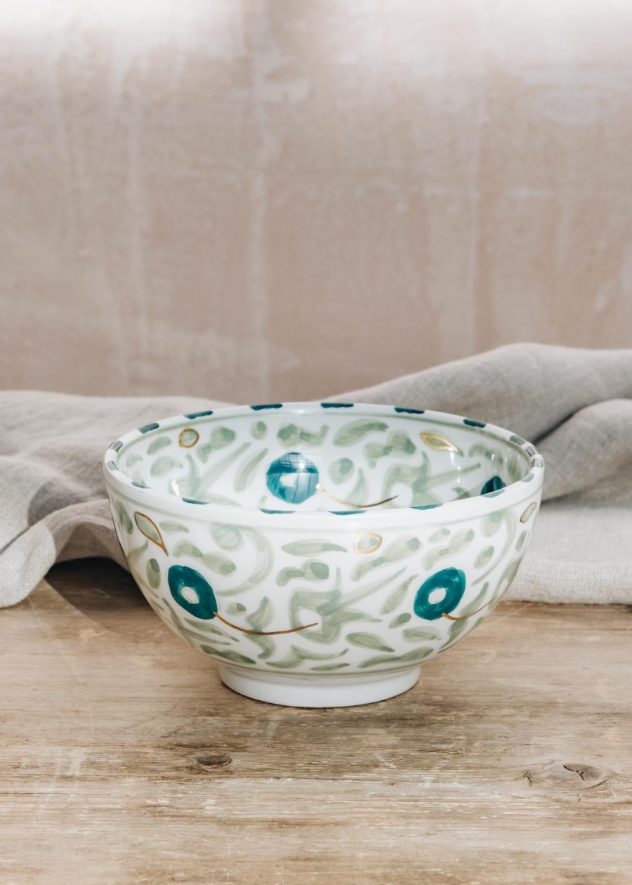 Interiors Chabi Chic Dining | Large Flower Almond Green And Dark Green Ceramic Round Bowl Mm