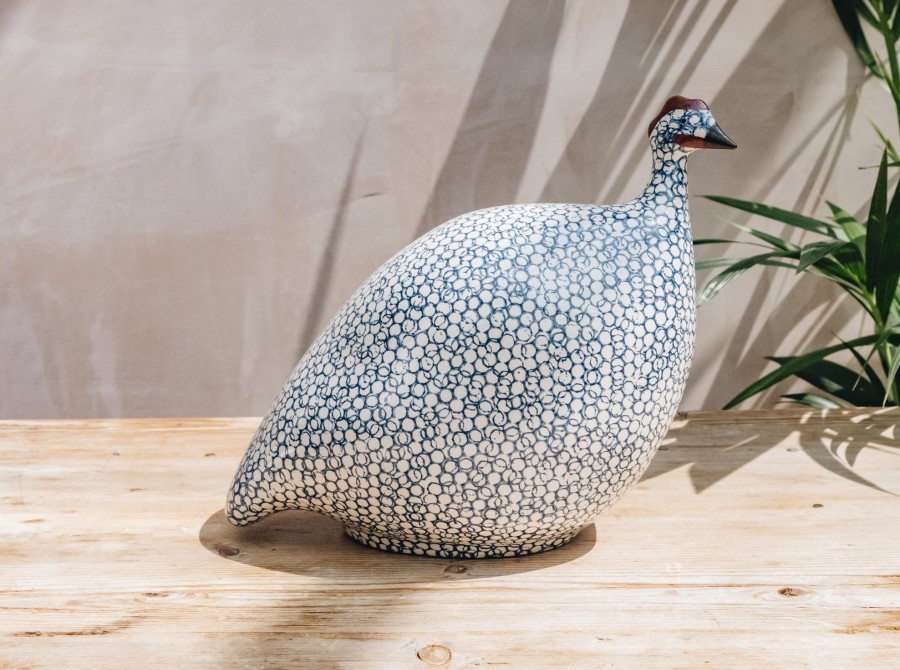 Interiors Sarl Caillard Deco Decorative | Large Ceramic Guinea Fowl In White Spotted Cobalt