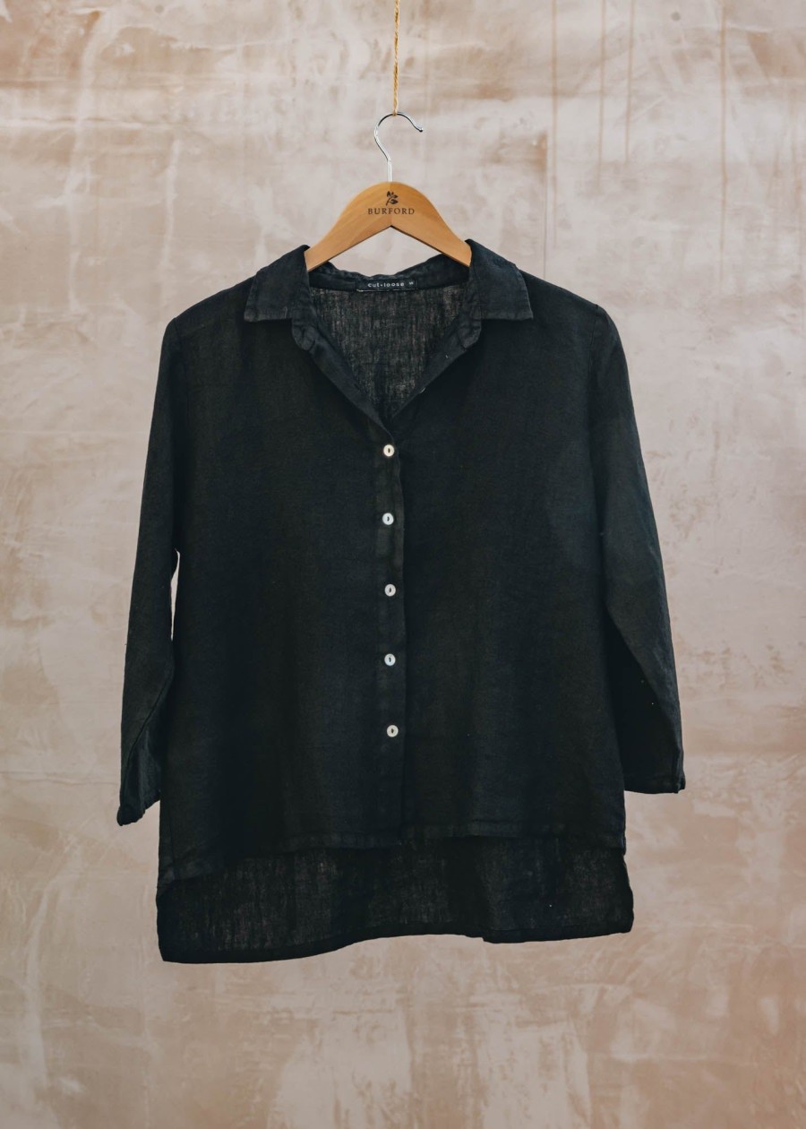 Clothing Cut Loose Tops | Cut Loose Hi-Low Cropped Linen Shirt In Black | Burford Garden Co.