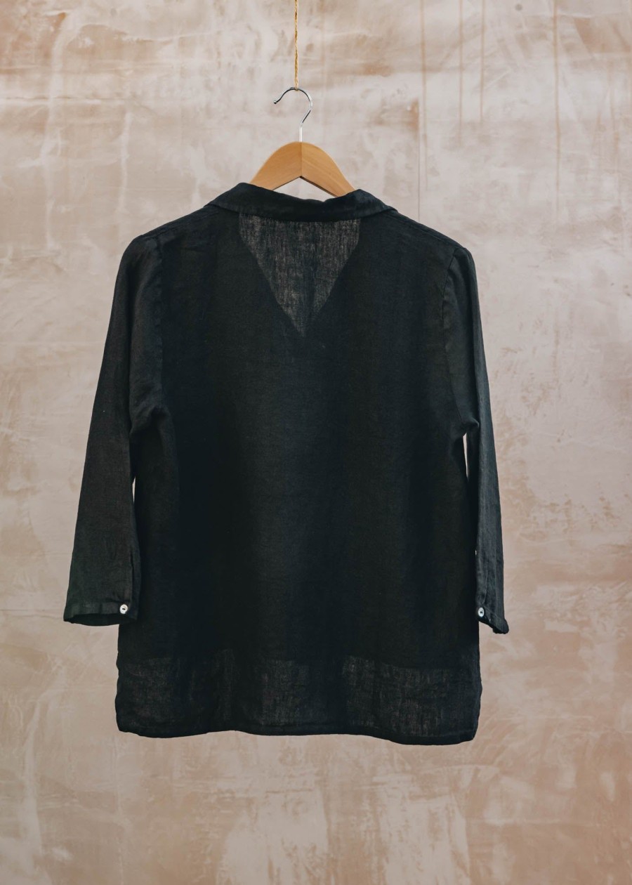 Clothing Cut Loose Tops | Cut Loose Hi-Low Cropped Linen Shirt In Black | Burford Garden Co.