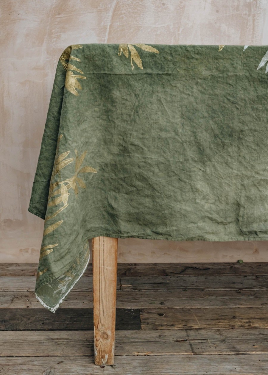 Interiors Bertozzi Table Linen | Crumpled Linen Tablecloth In Green And Gold