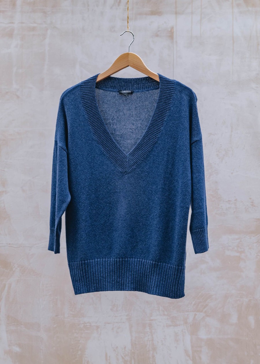 Clothing Cash-Ca Tops | Cash-Ca V-Neck Flaxen Top In Indigo