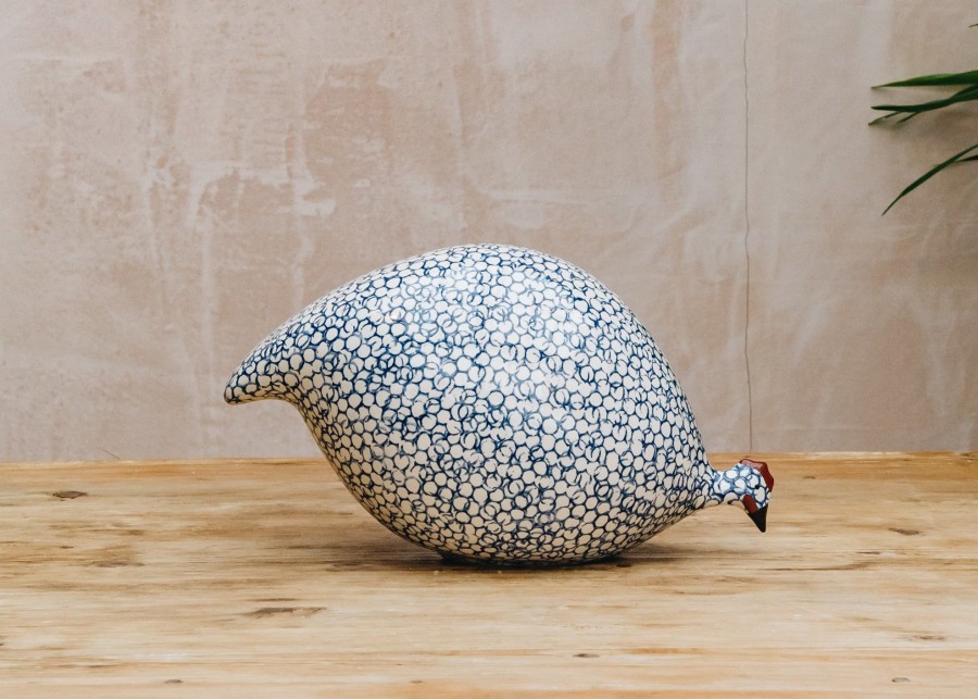 Interiors Sarl Caillard Deco Decorative | Pecking Ceramic Guinea Fowl In White Spotted Cobalt