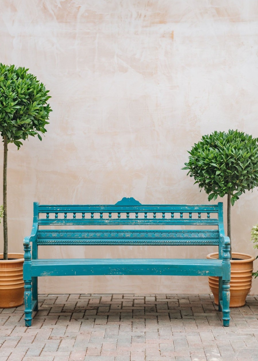 Outdoor Living Wilstone Kadai Wooden Furniture | Three Seater Blue Bobbin Indian Bench