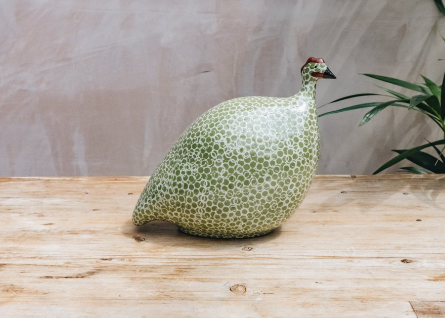 Interiors Sarl Caillard Deco Decorative | Medium Ceramic Guinea Fowl In Green Splashes Spotted White