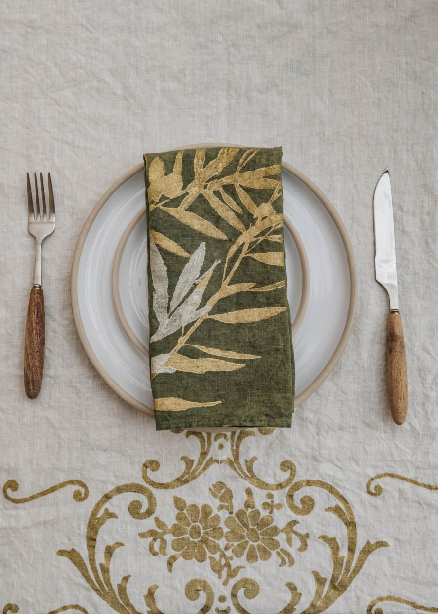 Interiors Bertozzi Table Linen | Crumpled Linen Napkin In Green And Gold