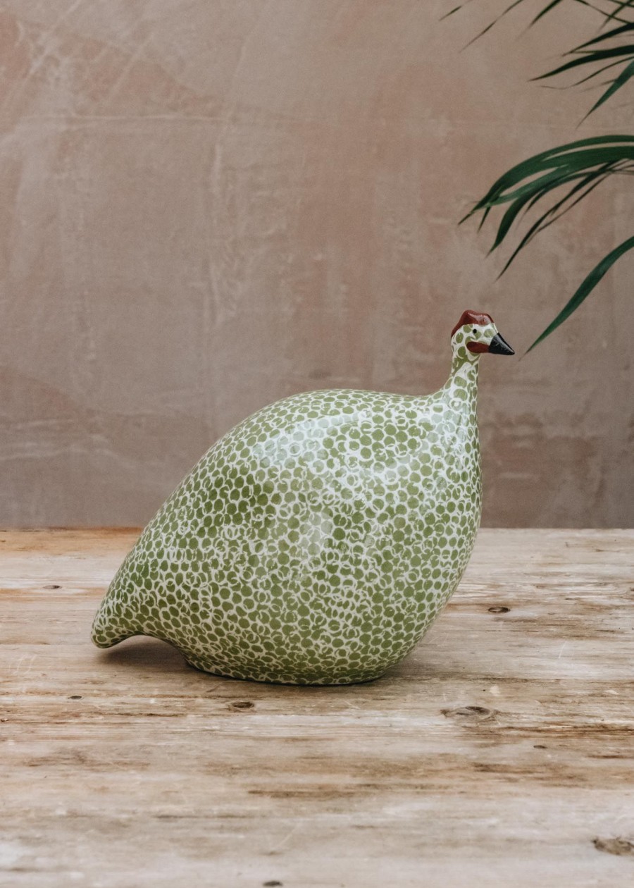 Interiors Sarl Caillard Deco Decorative | Large Ceramic Guinea Fowl In Green Splashes Spotted White