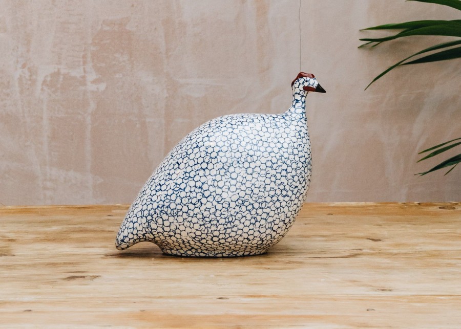 Interiors Sarl Caillard Deco Decorative | Medium Ceramic Guinea Fowl In White Spotted Cobalt