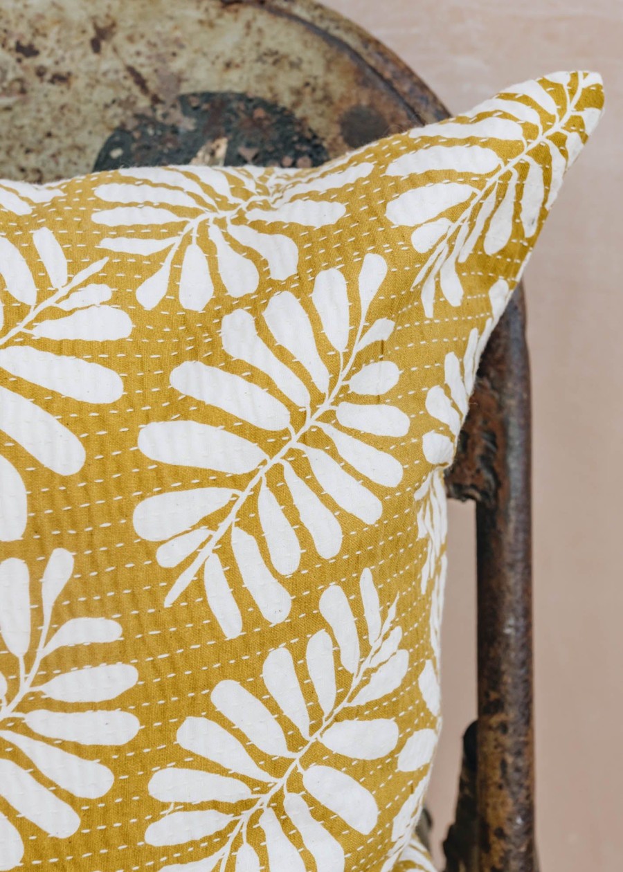 Interiors AfroArt Cushions | A World Of Craft Leaf Cushion In Mustard And White