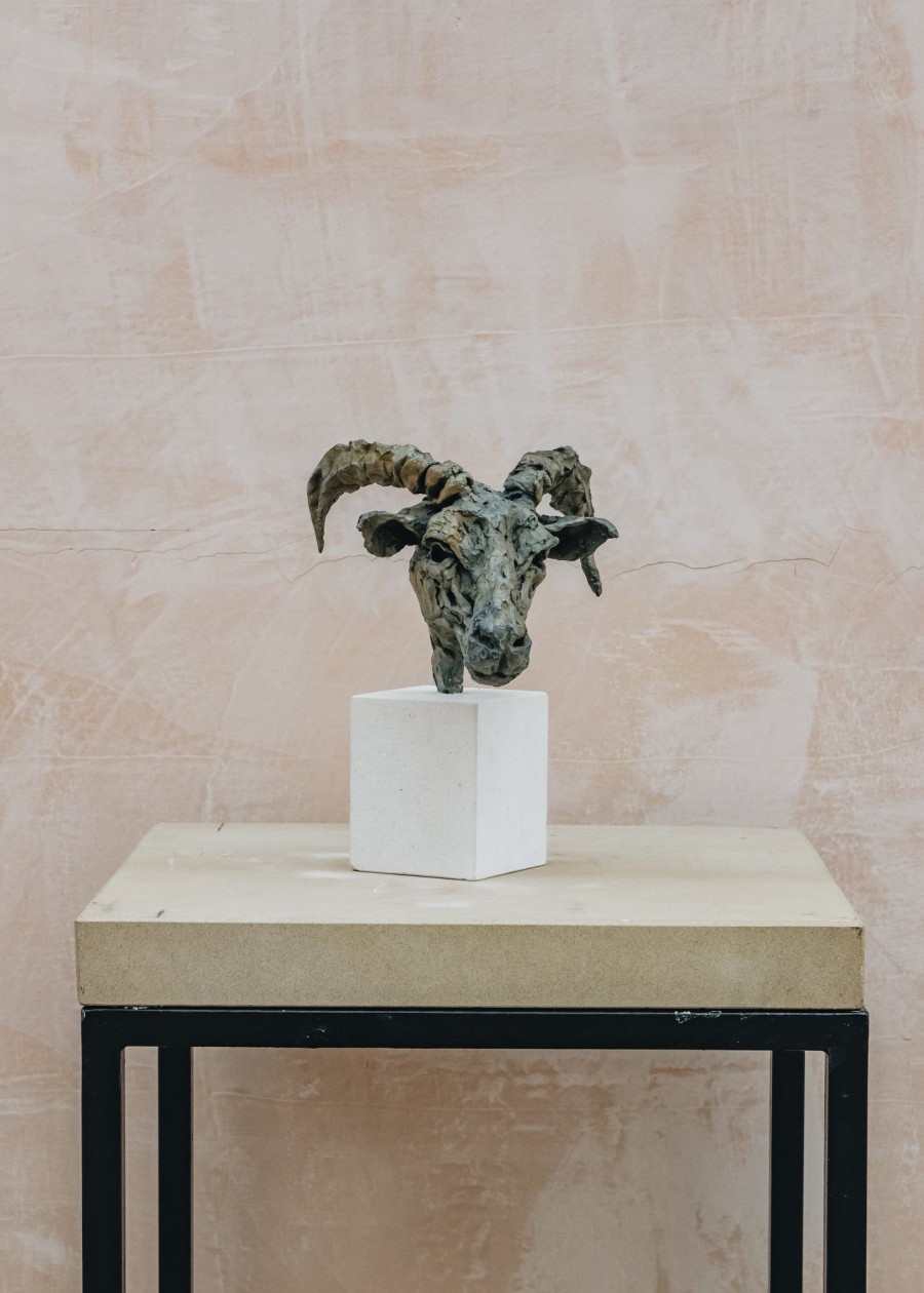 Art Burford Gallery Sculpture | Mr Power' - Head Of A Ram On Portland Stone Plinth