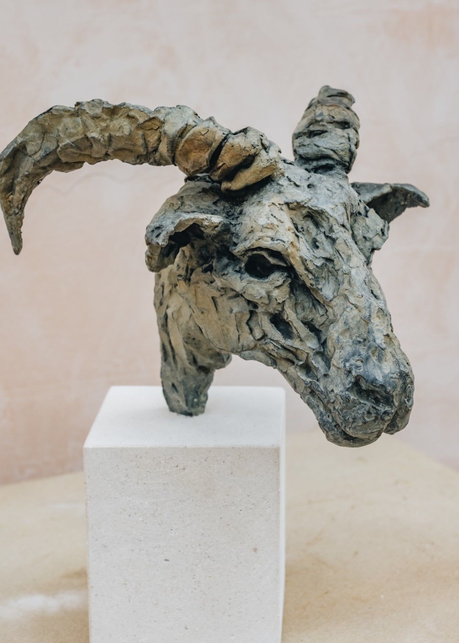 Art Burford Gallery Sculpture | Mr Power' - Head Of A Ram On Portland Stone Plinth