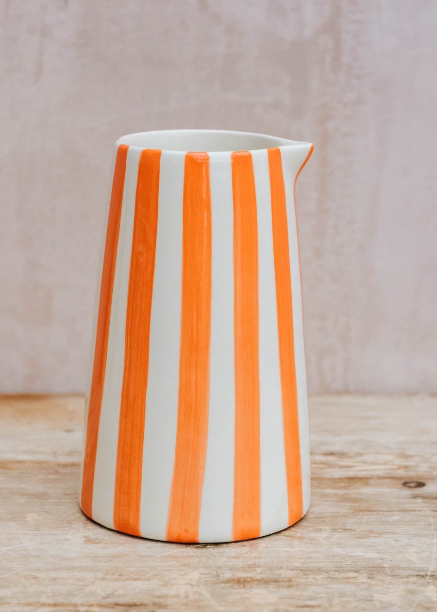 Interiors Musango Pottery Dining | Musango Candy Stripe Pitcher In Tangerine