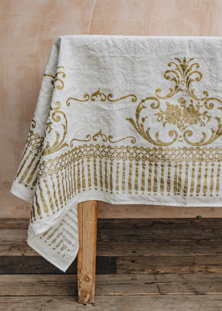 Interiors Bertozzi Table Linen | Crumpled Linen Tablecloth In White And Gold