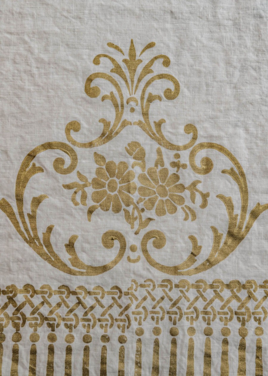 Interiors Bertozzi Table Linen | Crumpled Linen Tablecloth In White And Gold