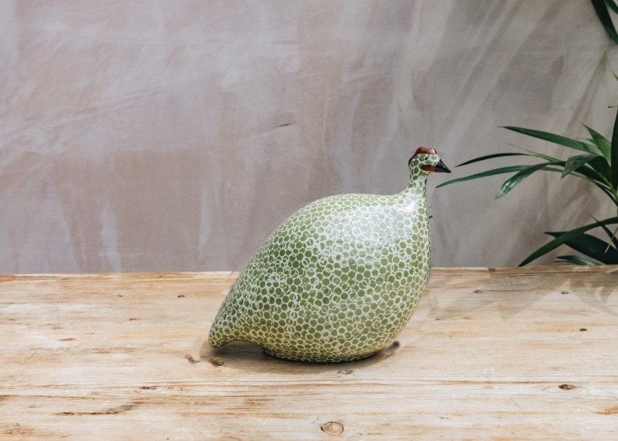 Interiors Sarl Caillard Deco Decorative | Small Ceramic Guinea Fowl In Green Splashes Spotted White