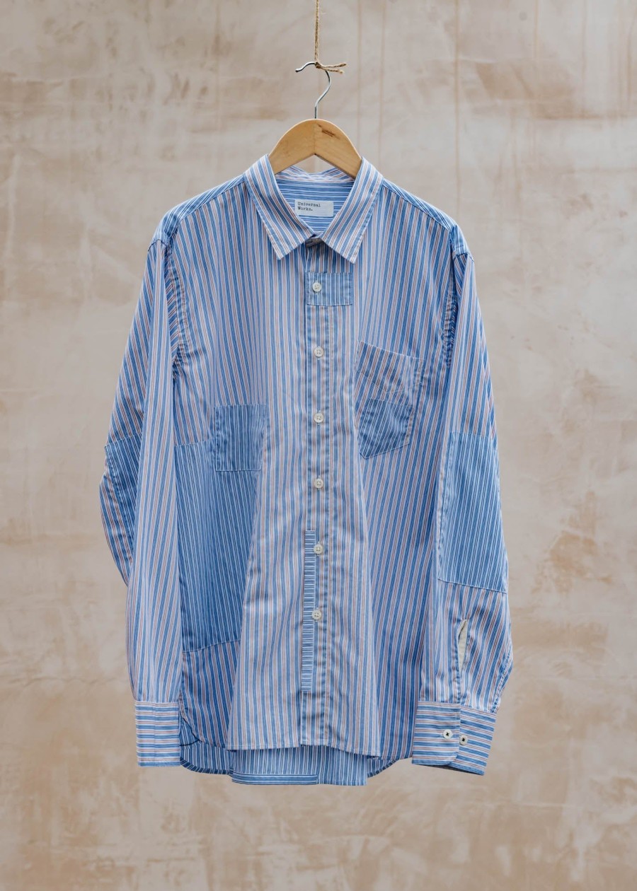 Clothing Universal Works Shirts | Universal Works Busy Stripe Patched Shirt In Blue